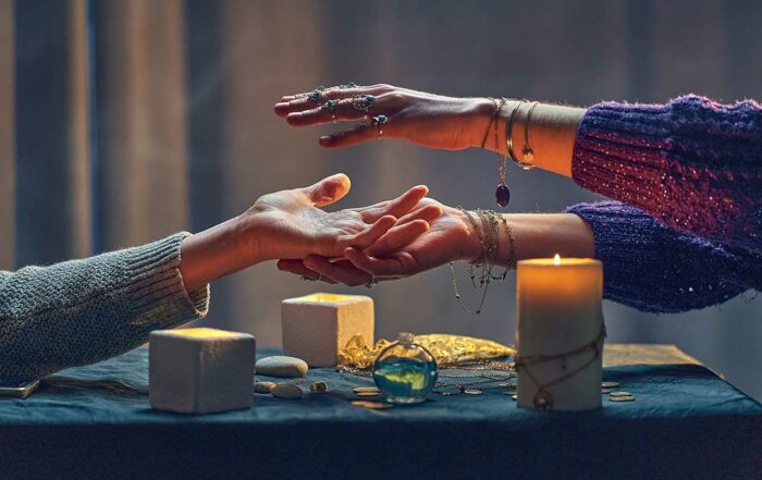 Psychic reader spelling over hand palm during occult spiritual rite and divination ritual around candles and other magical accessories
